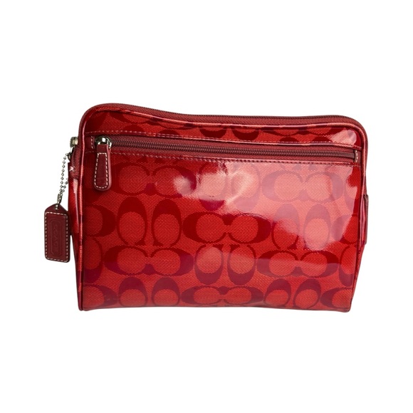 Coach Signature Red Patent Leather Accents Handbag Clutch Make up Case Women’s - Picture 9 of 17